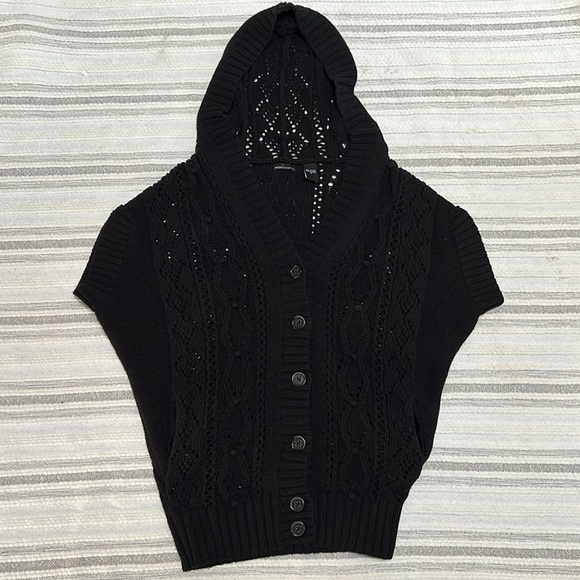Moda Intl Womens Black Cotton Hooded Cable Knit Cardigan S Dark Academia Cozy - Picture 10 of 11